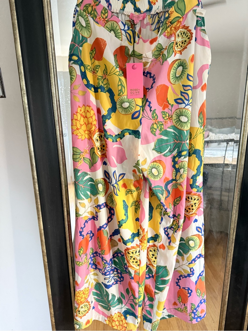 Rose & Olive Wide Leg Tropical Kiwi Print Pants - Pink, Yellow, Green, Orange
